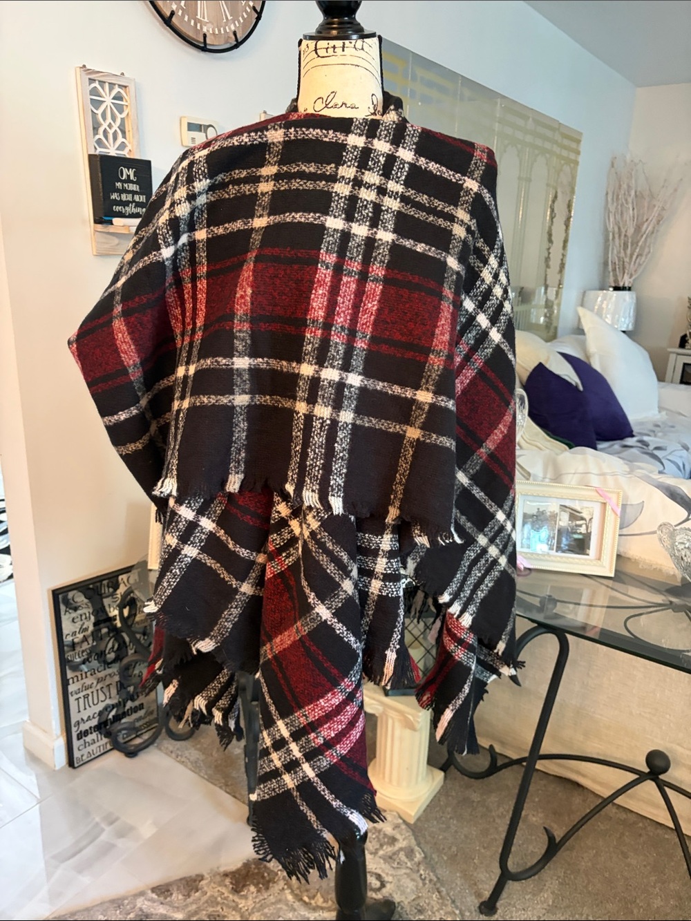 Black & Red Plaid Fringe Cape